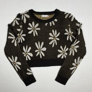 FCT with Love Womens Daisy Floral Knit Cropped Sweater Black White Size Large